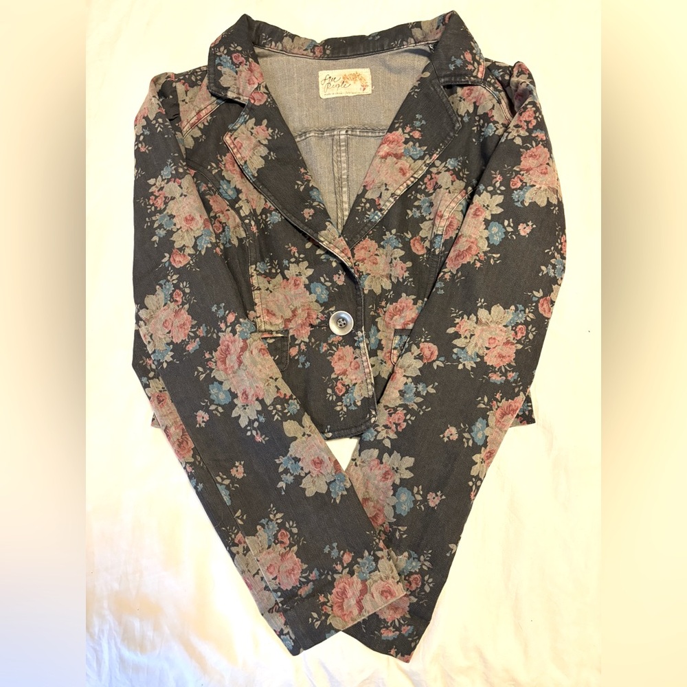 Free People cropped, black, one button, floral jacket.  Size small.